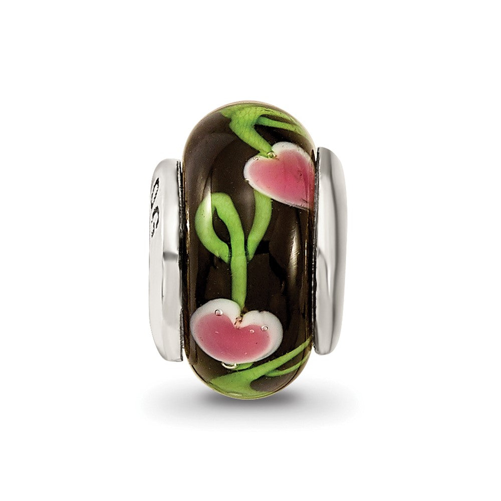 Collection Sterling Silver Hand-blown Black with Floral Pattern Glass Reflections Bead