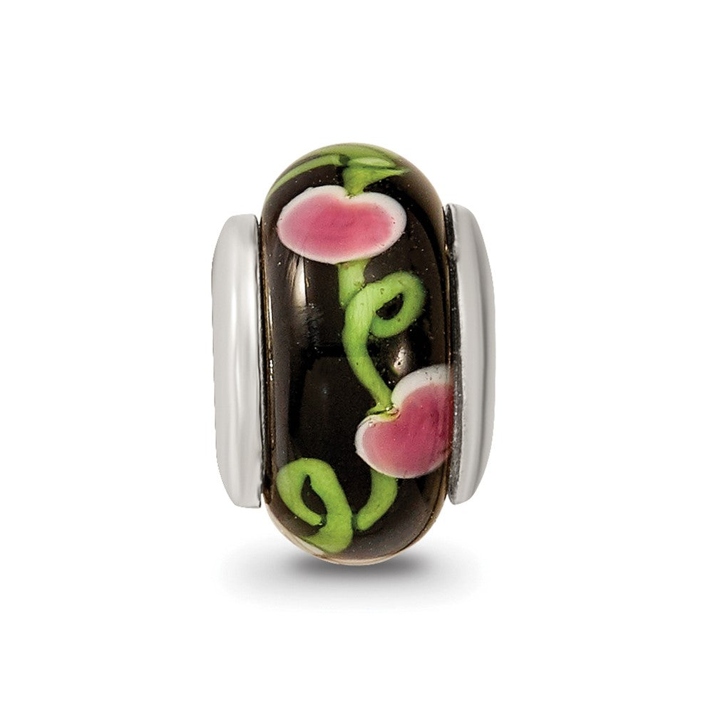 Collection Sterling Silver Hand-blown Black with Floral Pattern Glass Reflections Bead