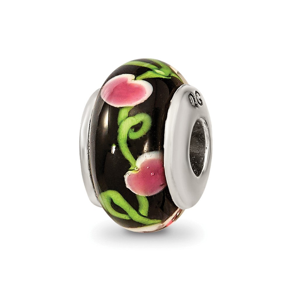 Collection Sterling Silver Hand-blown Black with Floral Pattern Glass Reflections Bead