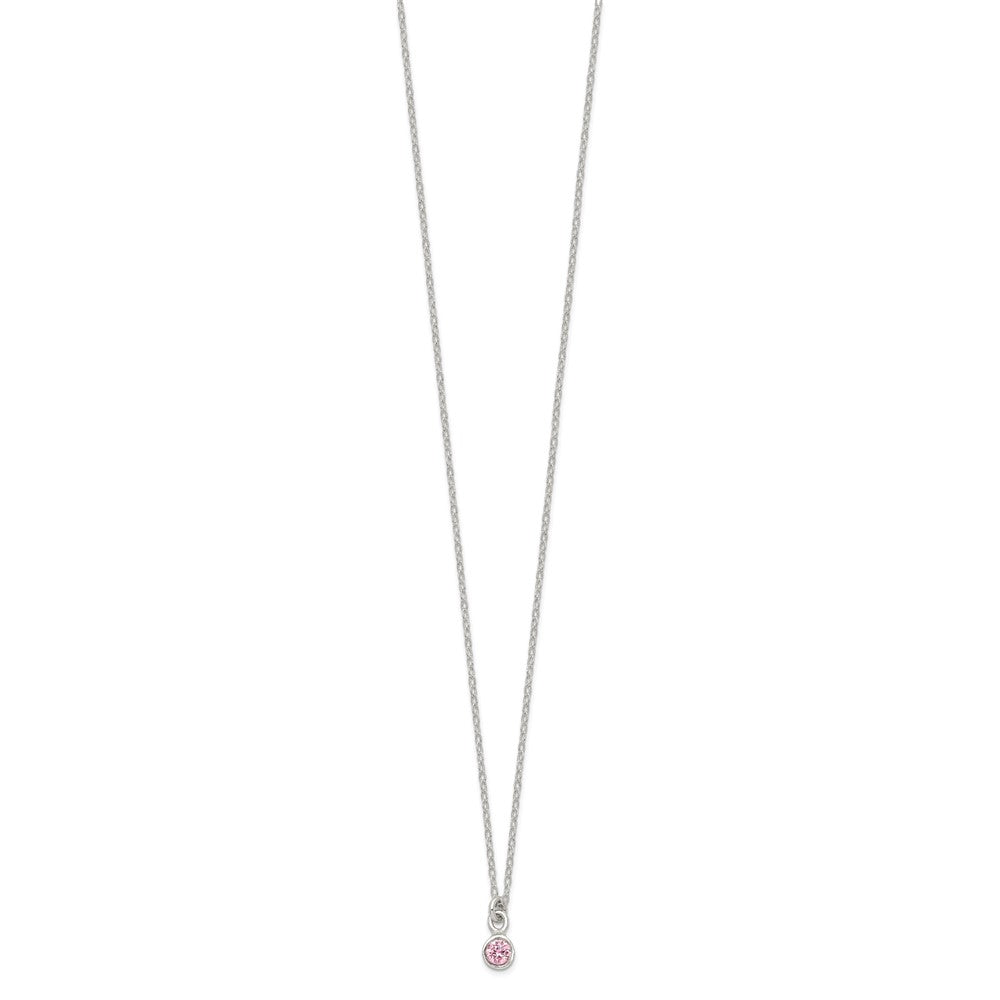 Sterling Silver Polished Pink Bezel Set CZ Children's 14in Necklace and Stud Earrings Set