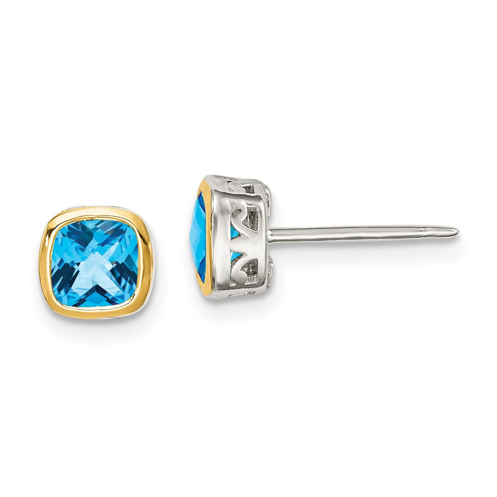 Shey Couture Sterling Silver Rhodium-plated with 14k Yellow Gold Accent Light Swiss Blue Topaz Square Stud Earrings