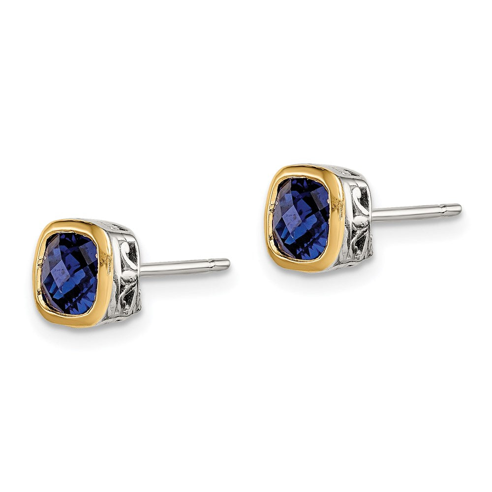 Shey Couture Sterling Silver Rhodium-plated with 14k Yellow Gold Accent Created Sapphire Square Stud Earrings