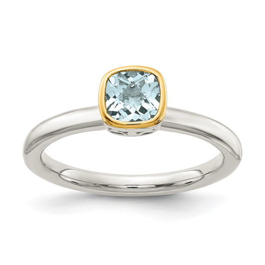 Shey Couture Sterling Silver Rhodium-plated with 14K Yellow Gold Accent Polished Cushion-cut Aquamarine Ring