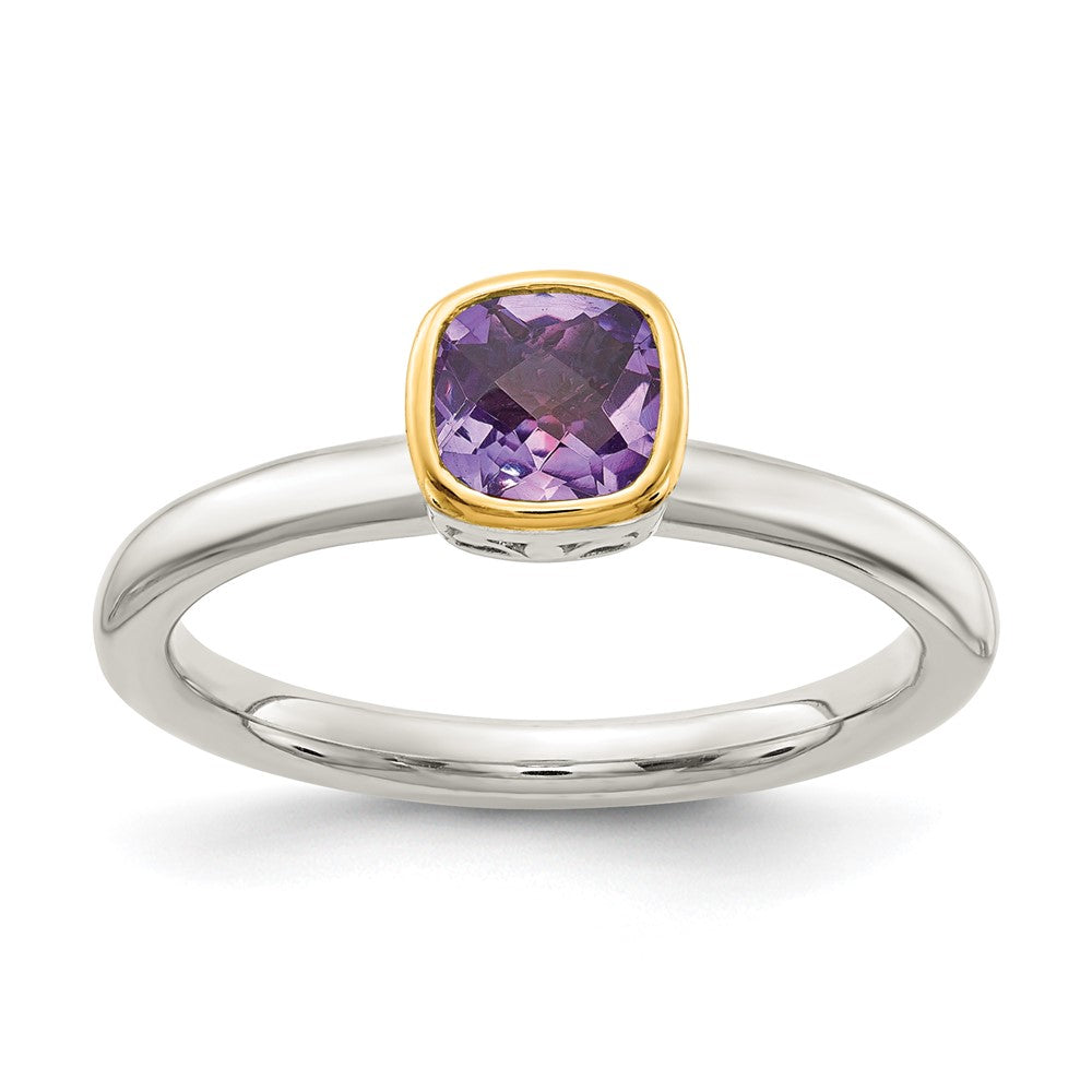 Shey Couture Sterling Silver Rhodium-plated with 14K Yellow Gold Accent Polished Cushion-cut Amethyst Ring