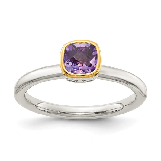 Shey Couture Sterling Silver Rhodium-plated with 14K Yellow Gold Accent Polished Cushion-cut Amethyst Ring