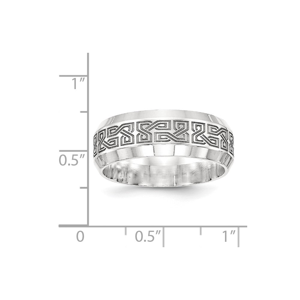 Sterling Silver with Lasered Design 8mm Flat Beveled Edge Size 7.5 Band