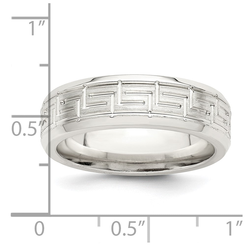 Sterling Silver 6mm Brushed Flat Greek Key Design Beveled Edge Fancy Band Size 7