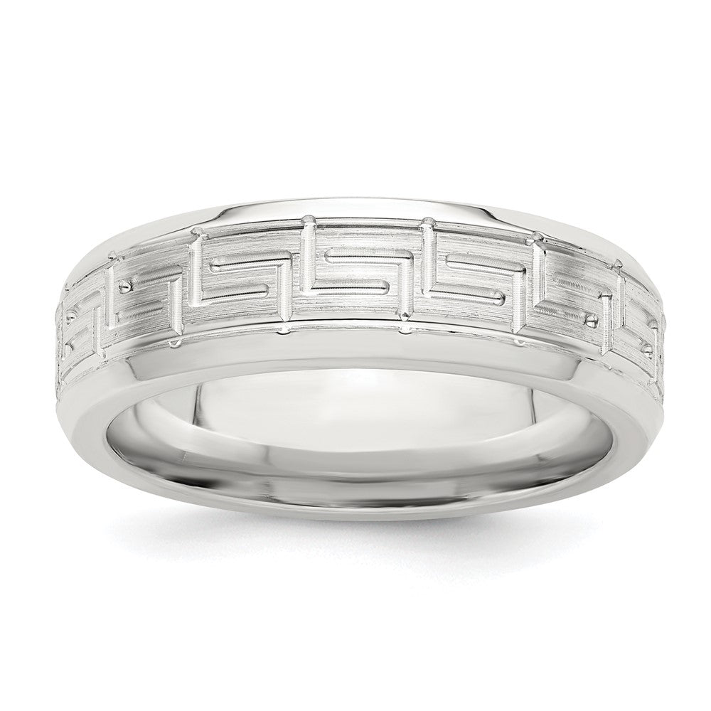 Sterling Silver 6mm Brushed Flat Greek Key Design Beveled Edge Fancy Band Size 11