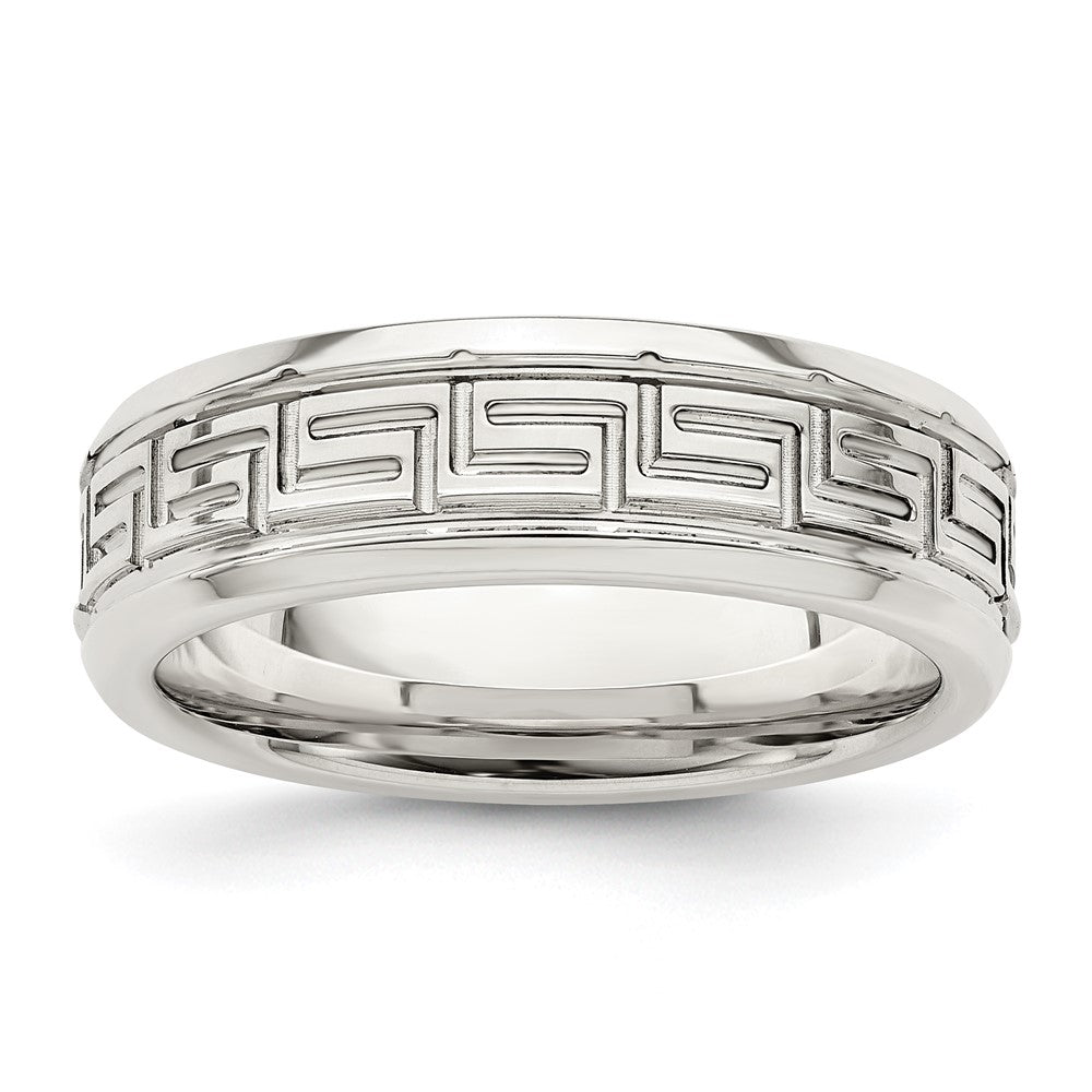 Sterling Silver 6mm Polished Flat Greek Key Design Beveled Edge Fancy Band Size 8