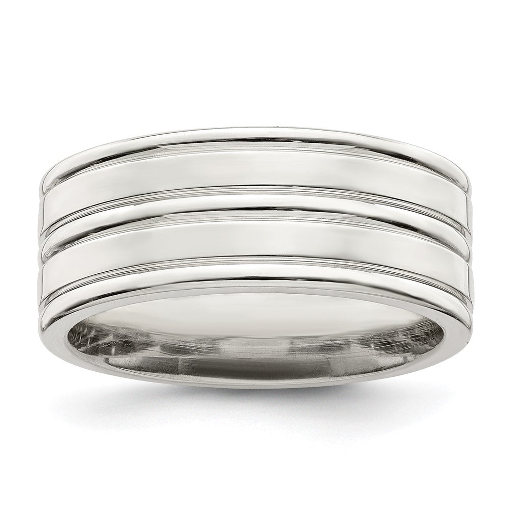 Sterling Silver 8mm Polished Flat Grooved Fancy Band Size 12.5