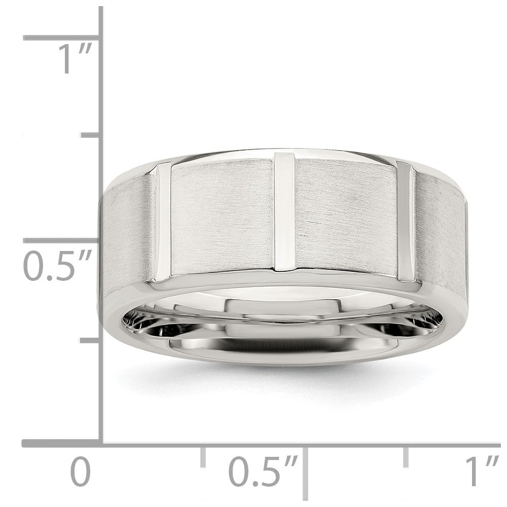 Sterling Silver 8mm Brushed Flat Notched Beveled Edge Fancy Band Size 7