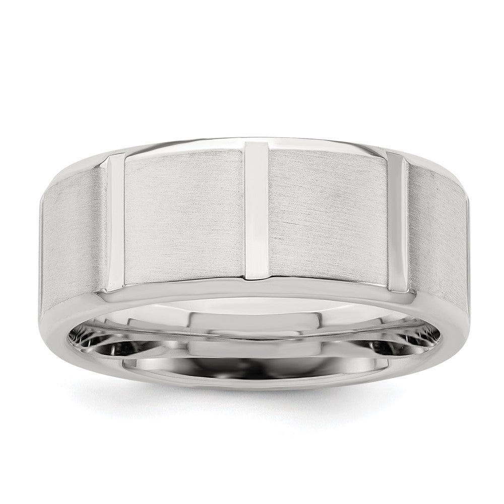 Sterling Silver 8mm Brushed Flat Notched Beveled Edge Fancy Band Size 7