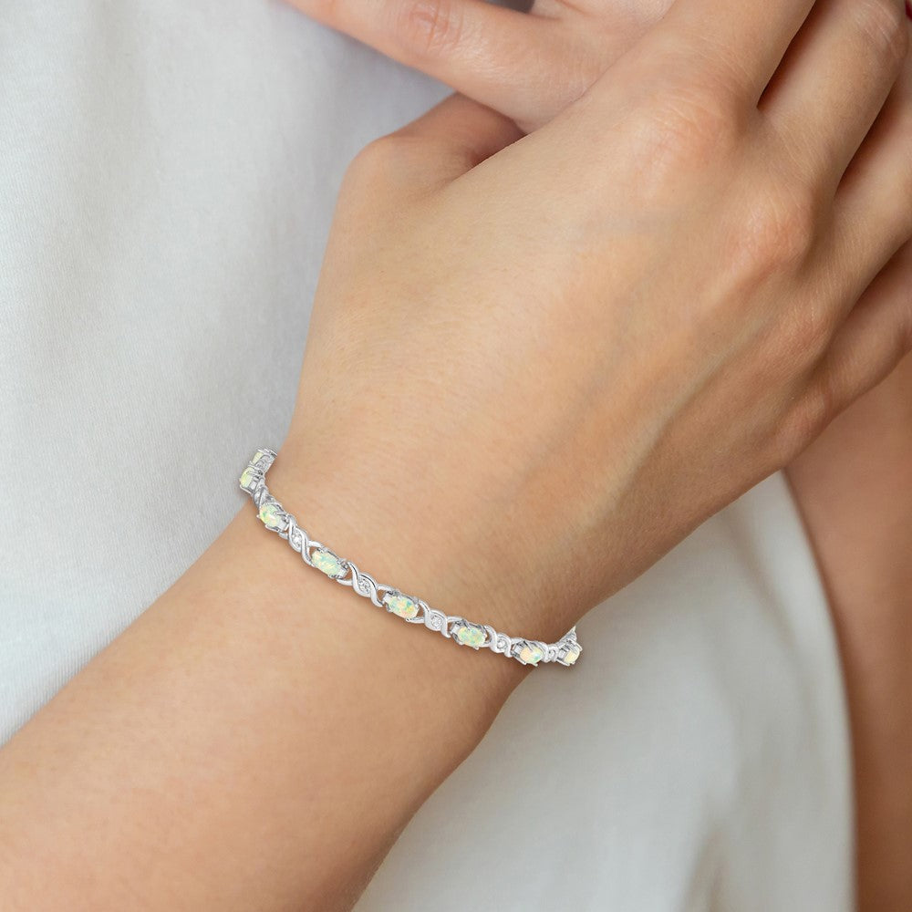 Sterling Silver 7.5inch Rhod-plated White Created Opal and CZ Bracelet