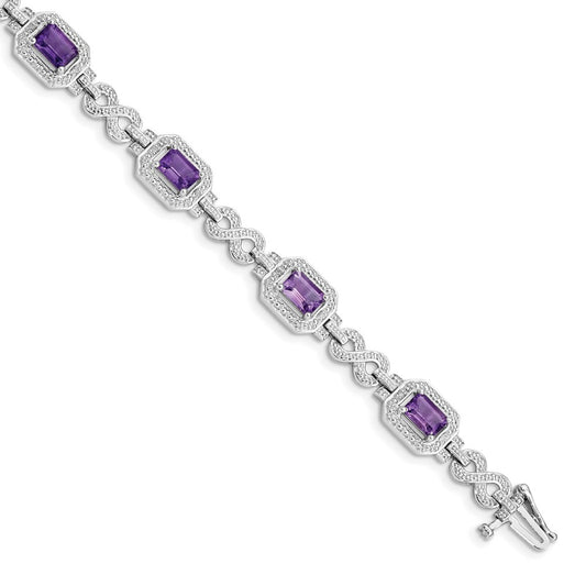 Sterling Silver Rhodium-plated Diamond & Amethyst Bracelet