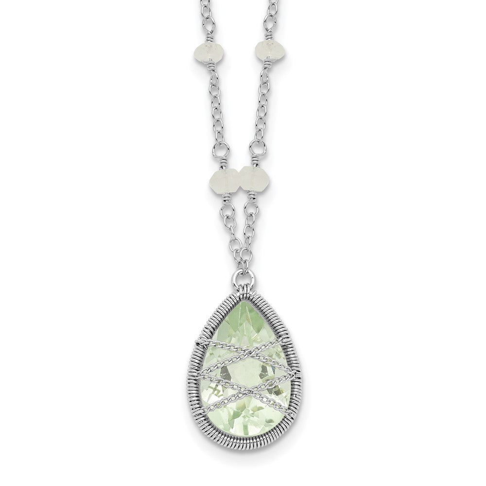 Sterling Silver Rhodium Green Quartz & Rnbow Moonstone 18in Necklace