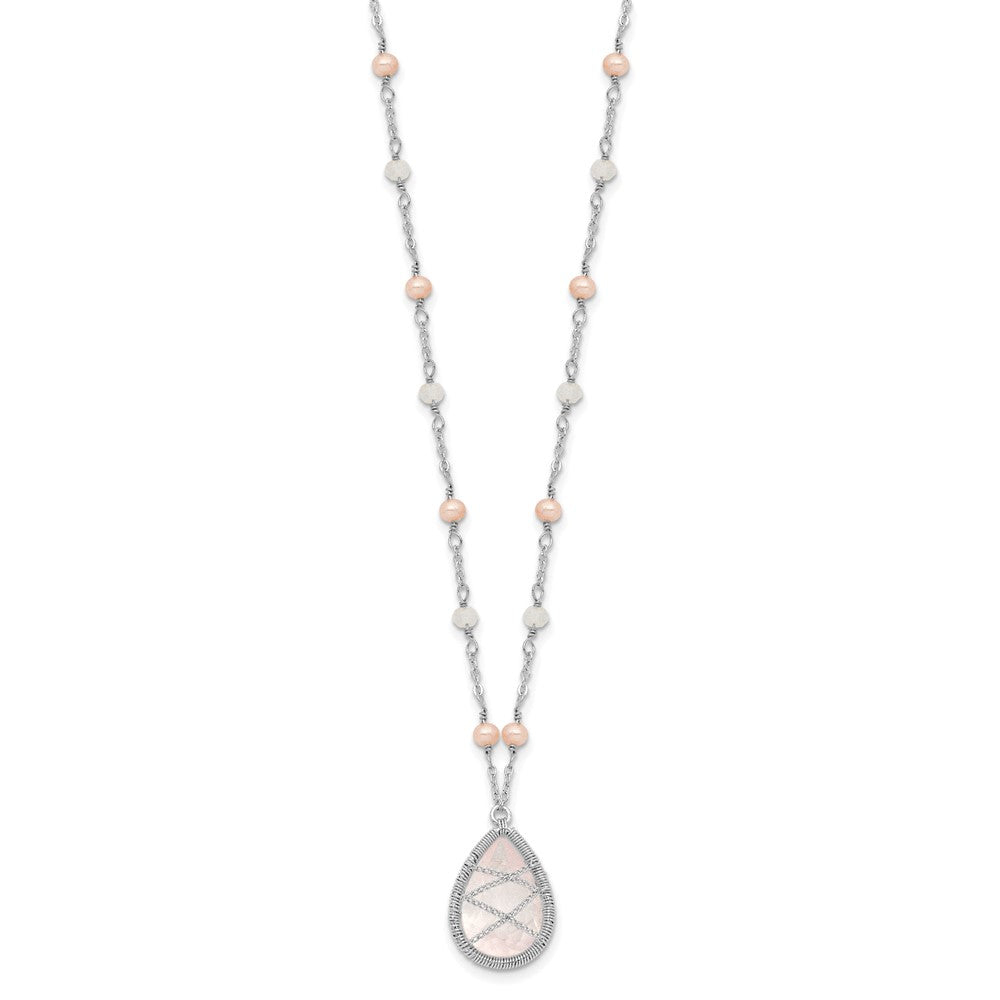 Sterling Silver Rhodium 18in Rose Quartz & FW Cltrd Pearl W/1.5 Necklace