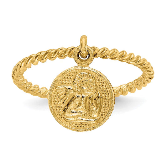 14k Yellow Gold Polished Angel Dangle Charm Child's Ring
