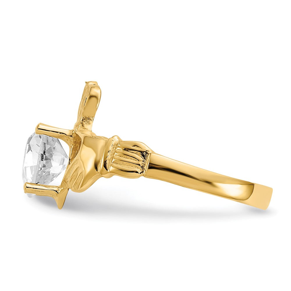 14k Yellow Gold April CZ Birthstone Claddagh Ring