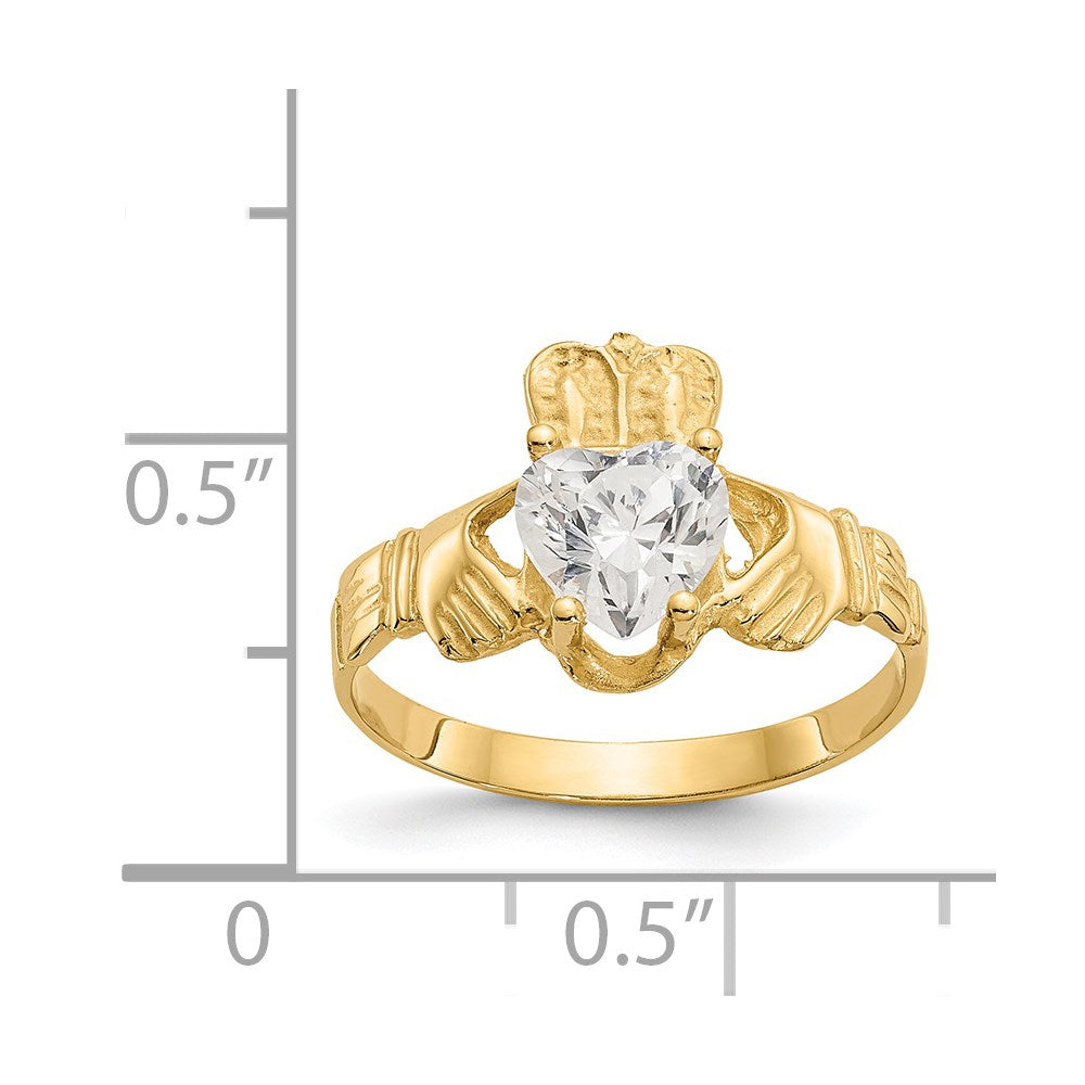 14k Yellow Gold April CZ Birthstone Claddagh Ring