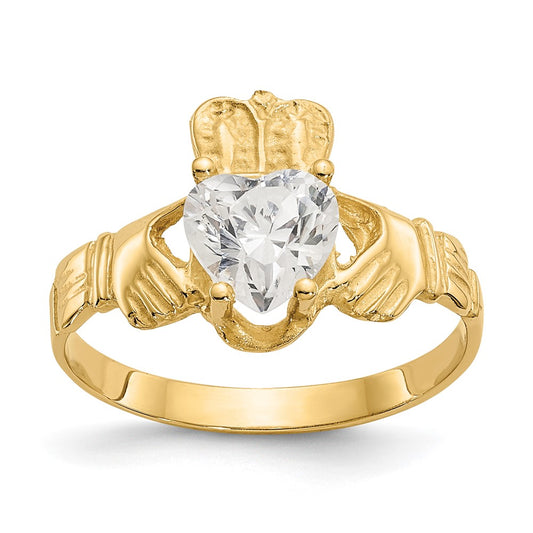 14k Yellow Gold April CZ Birthstone Claddagh Ring