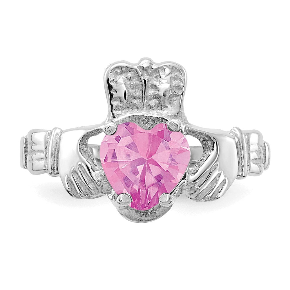 14k White Gold October CZ Birthstone Claddagh Ring