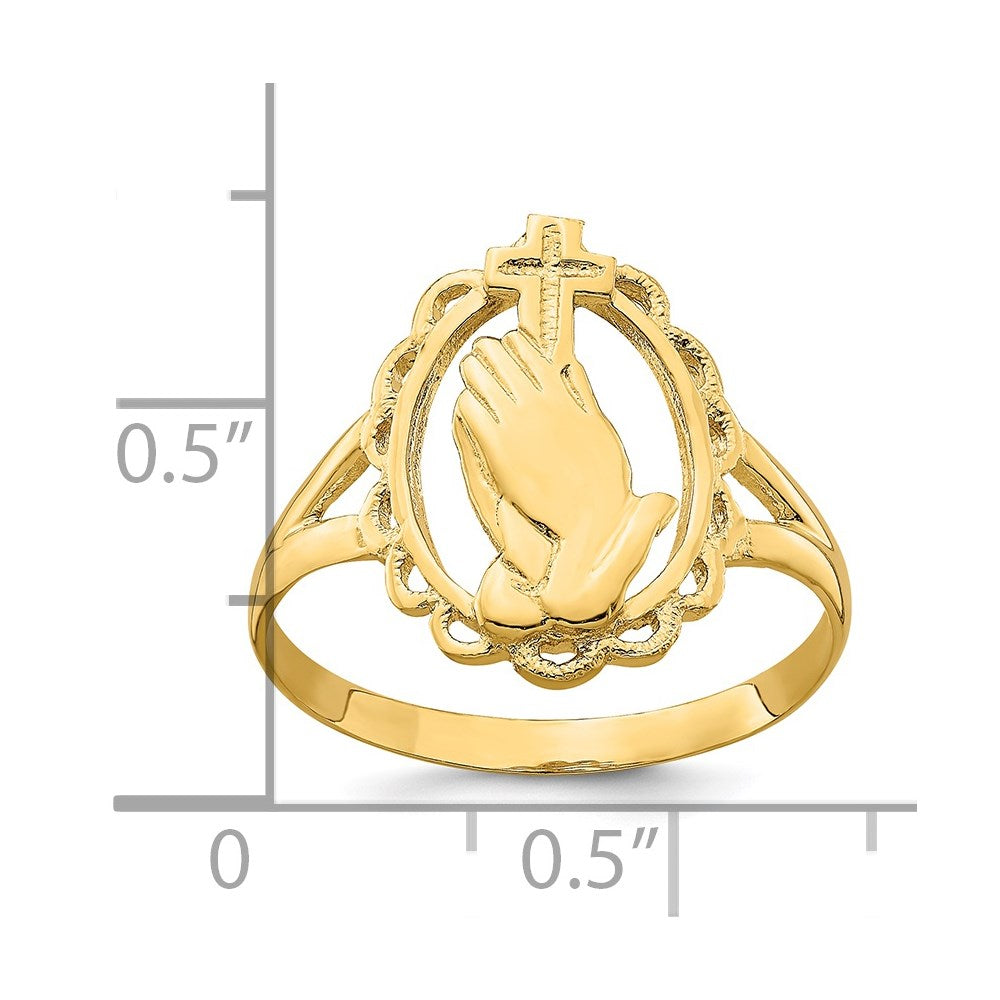 14K Polished Praying Hands and Cross Ring