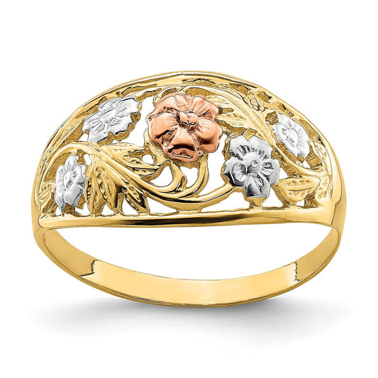 14k Tri- Color w/White Rhodium Floral Dome Ring
