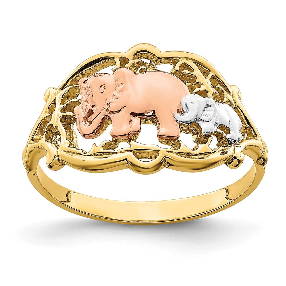 14k Yellow Gold Two-Tone w/ White RH Two Elephants Ring