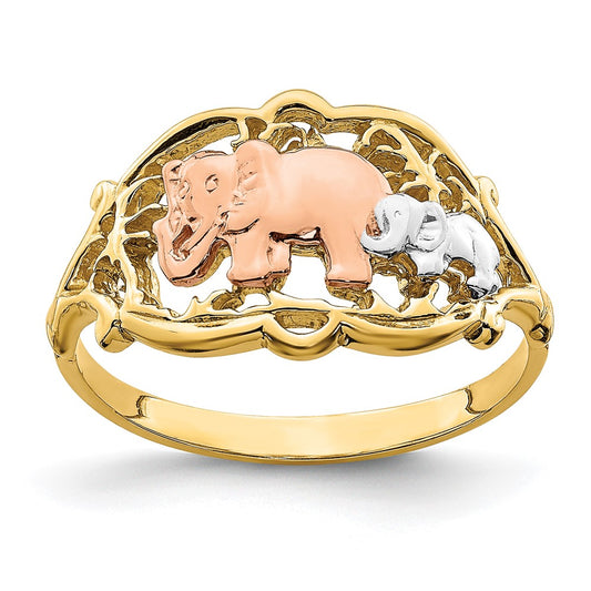 14k Yellow Gold Two-Tone w/ White RH Two Elephants Ring