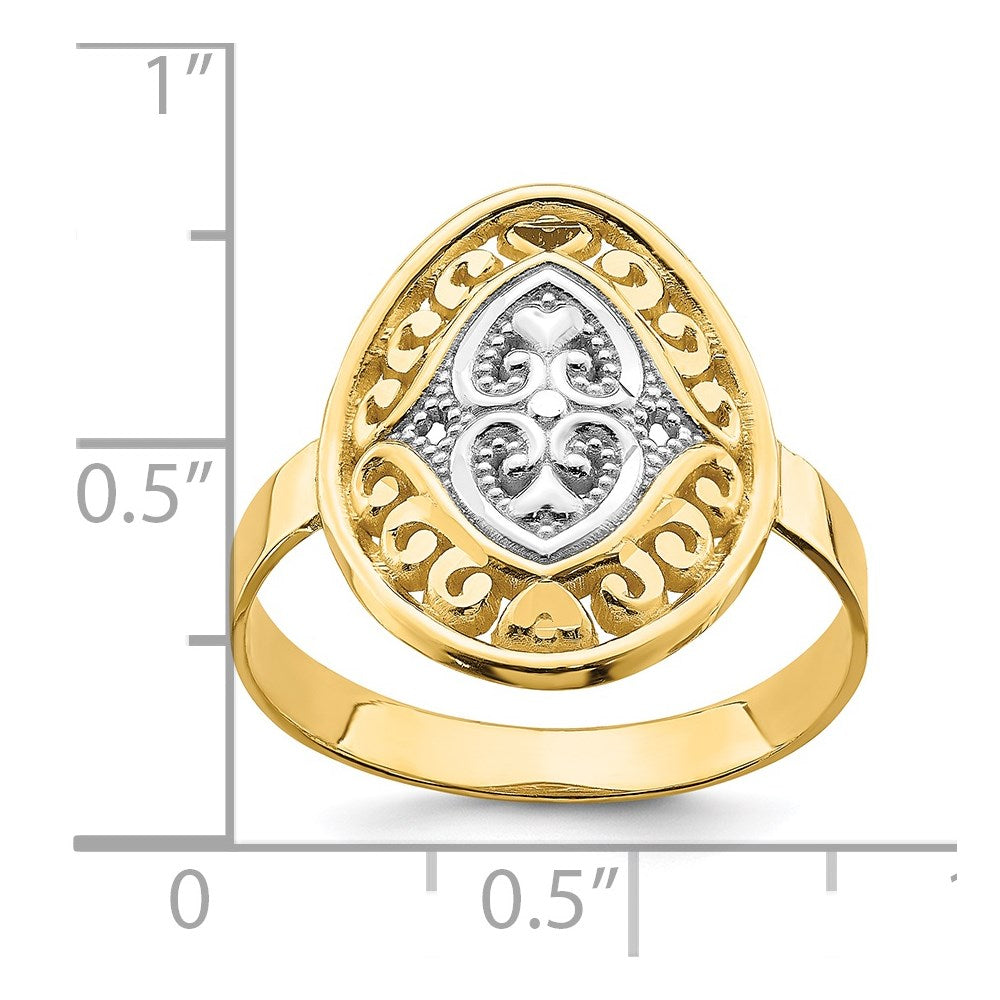 14k w/Rhodium Oval Shield and Hearts Ring