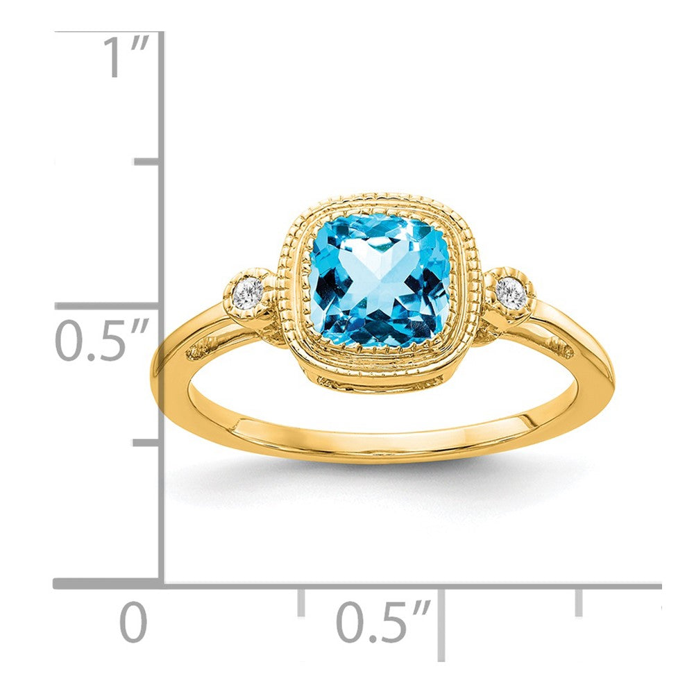 14k Yellow Gold Cushion Blue Topaz and Diamond Ring