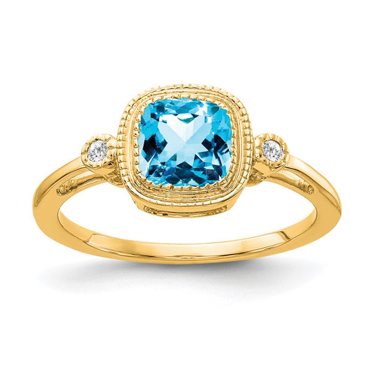 14k Yellow Gold Cushion Blue Topaz and Diamond Ring