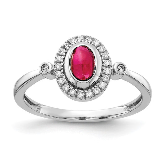 14k White Gold Diamond and Oval Cabochon Ruby Halo Ring