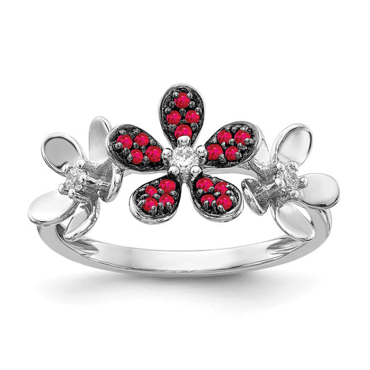 14k White Gold Diamond and Ruby Flower Ring