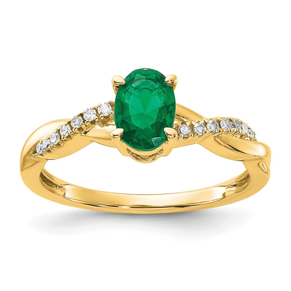 14K Oval Created Emerald and Diamond Ring