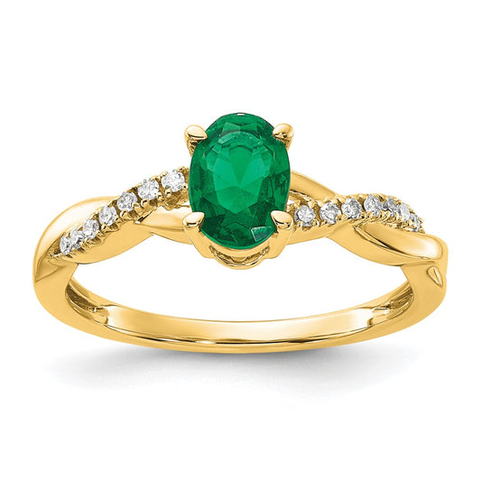 14K Oval Created Emerald and Diamond Ring