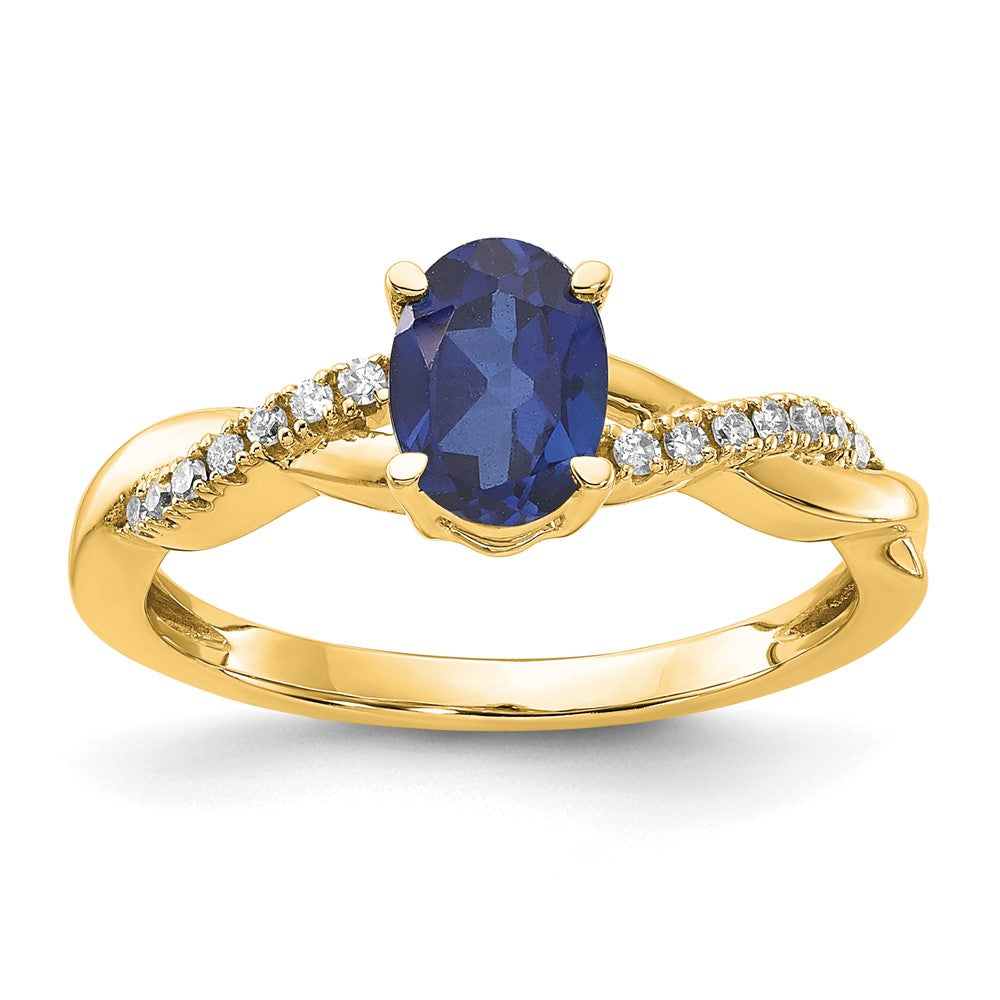 14K Oval Created Sapphire and Diamond Ring