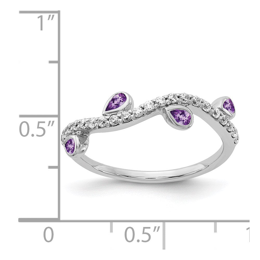 14k White Gold Diamond and Pear Amethyst Curved Ring