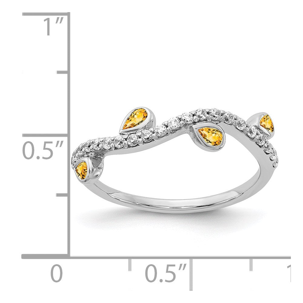 14k White Gold Diamond and Pear Citrine Curved Ring