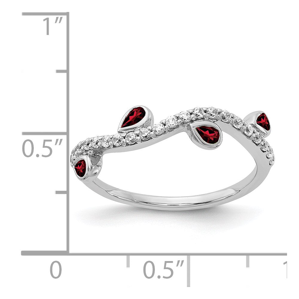 14k White Gold Diamond and Pear Garnet Curved Ring