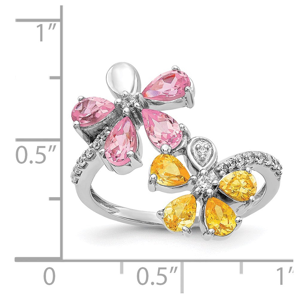 14k White Gold Diamond and Citrine/Pink Tourmaline Flower Ring
