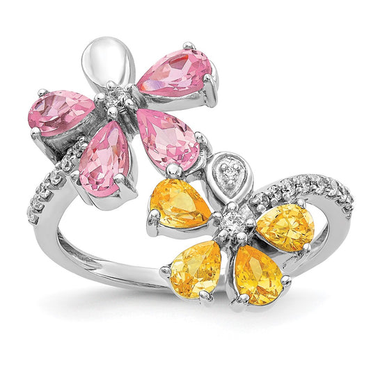 14k White Gold Diamond and Citrine/Pink Tourmaline Flower Ring