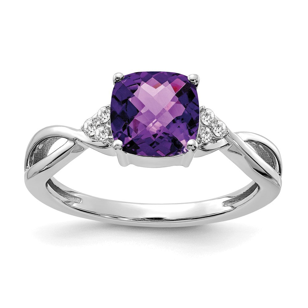 14K White Gold Checkerboard Amethyst and Diamond Ring