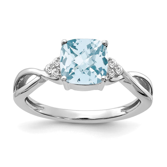 14k White Checkerboard Aquamarine and Diamond Ring