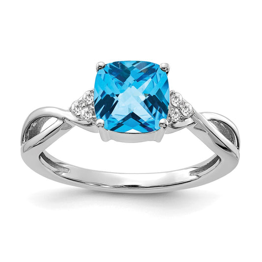 14k White Gold Checkerboard Blue Topaz and Diamond Ring