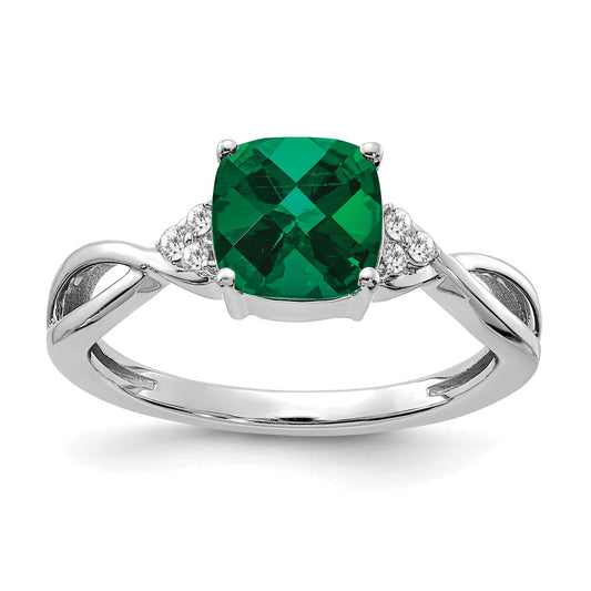 14K White Gold Checkerboard Created Emerald and Diamond Ring