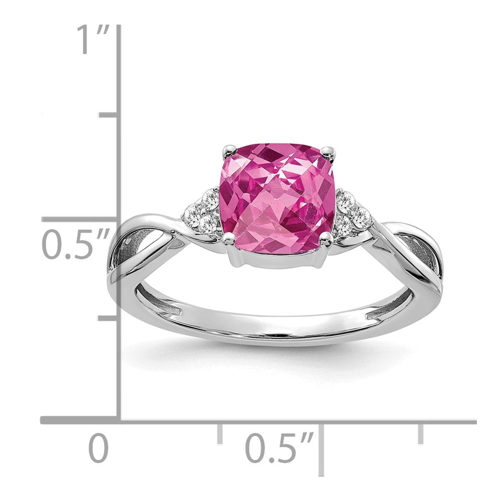 14K White Gold Checkerboard Created Pink Sapphire and Diamond Ring