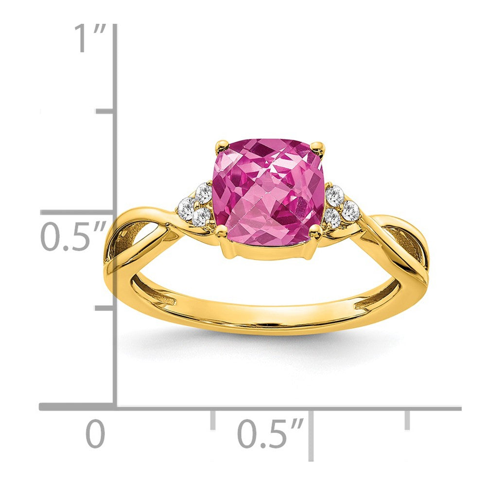 14k Yellow Gold Checkerboard Created Pink Sapphire and Diamond Ring