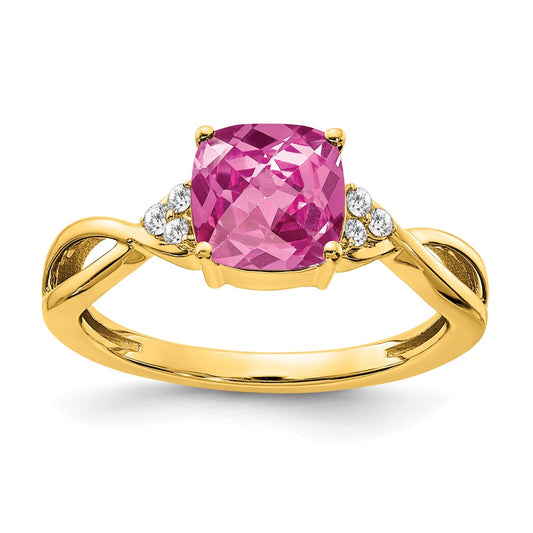 14k Yellow Gold Checkerboard Created Pink Sapphire and Diamond Ring