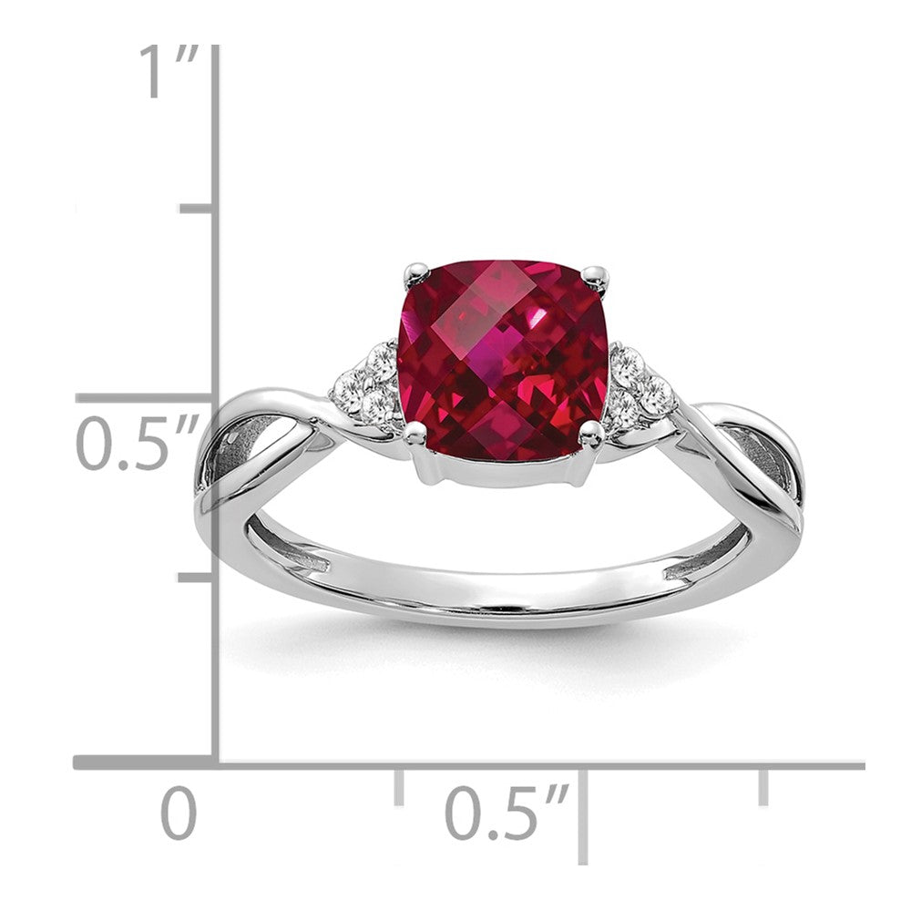 14K White Gold Checkerboard Created Ruby and Diamond Ring